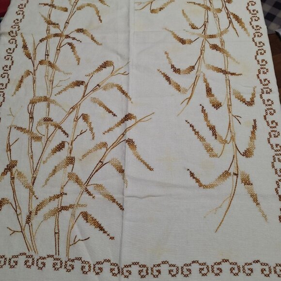 Vintage Wheat Crosstitch Tablecloth Linen Brown Fall 68 x 40 - Picture 6 of 8